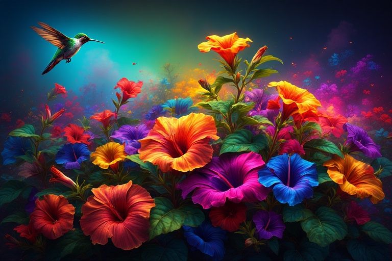 An exquisite, ultra-vivid petunia in full bloom, with a luminous hummingbird gracefully hovering above.