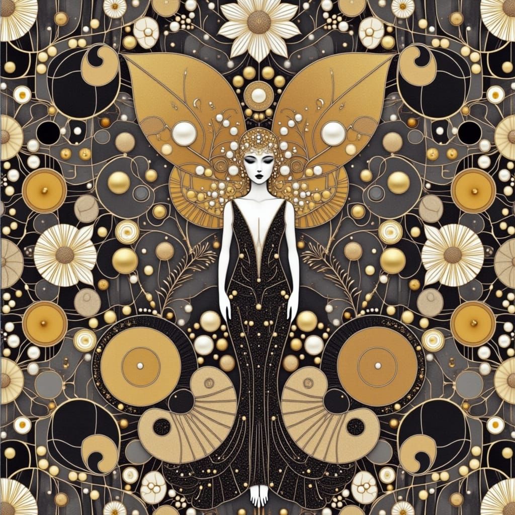 Parlour with 1920s flapper in black and gold, Art Deco style <lora:Earth and filigree:1.0> 