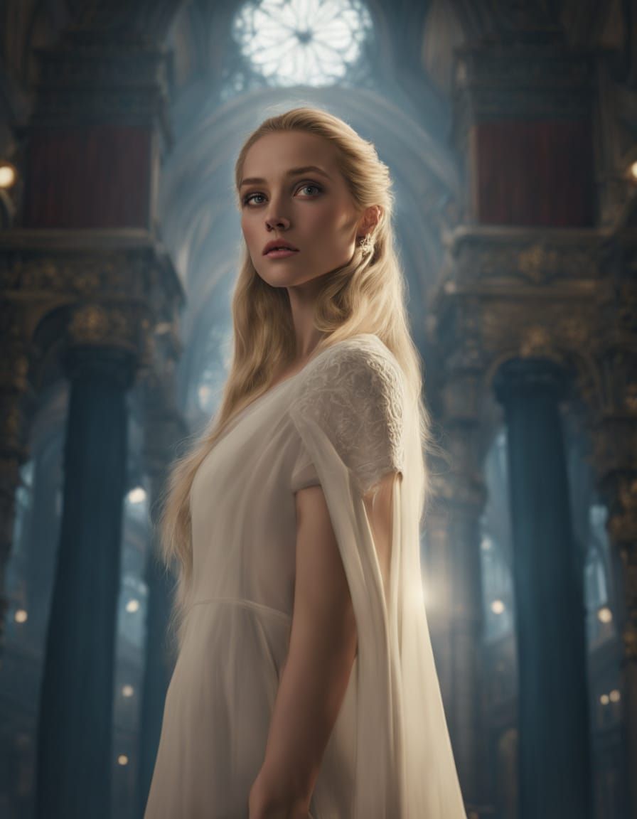 Cinematic Portrait of Woman in Grand Hall