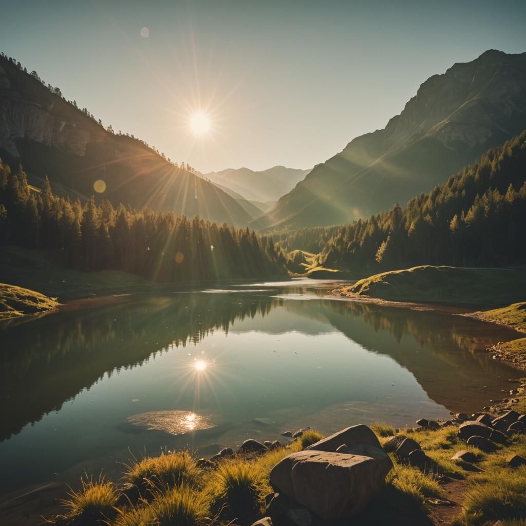 Serene Lake Reflecting Golden Hour Sunlight