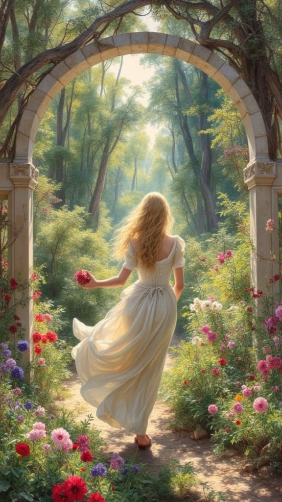 <lora:Hudson River v2:1.0> A dramatic painting of a golden-haired princess stepping through an arch from a vibrant, well-tended garden full ...