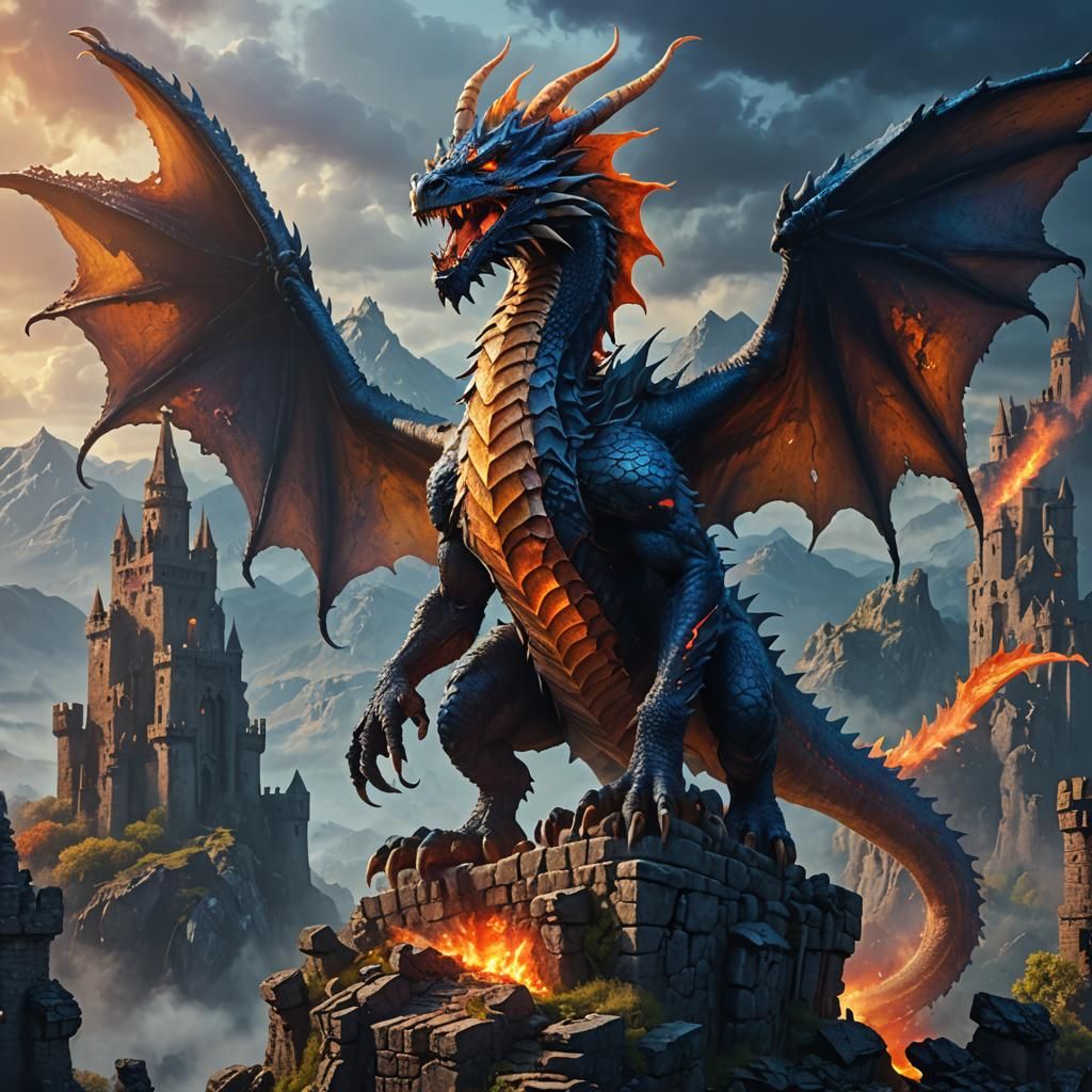 Fire Dragon on Ruined Castle, Fantasy Concept Art