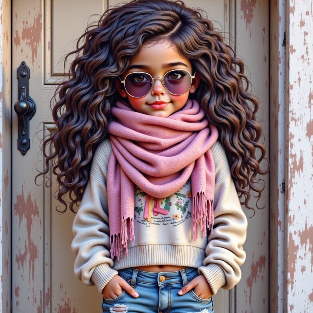 Hyperrealistic HD watercolor of a stylish 5 year old girl, standing confidently in front of a rustic wooden porch. She has long hair, reflec...