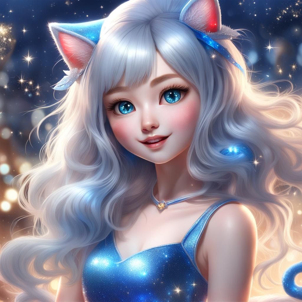3D, realistic, Beautiful cute cat girl, blue eye glistening,...