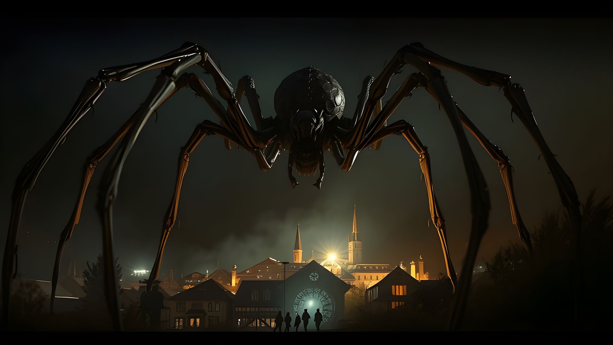 Gothic horror.

A detailed colossal spider made out of bones, stands towering over a mountain town in the dead of a fall night. Dramatic chi...