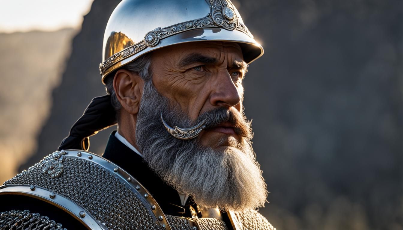 Soldier with a large square jaw, square beard in period clothing. In a world made of aluminum, glass, silver, and diamon...