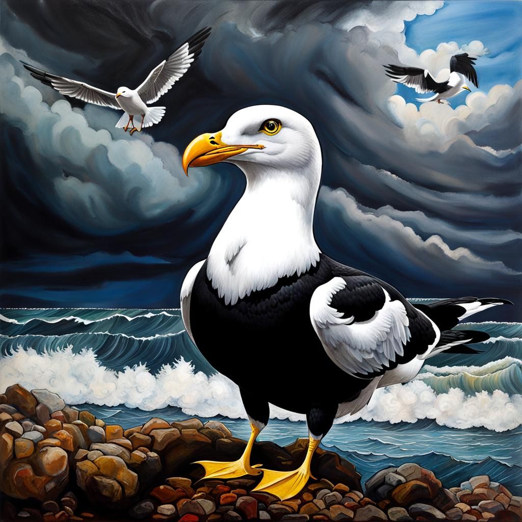 Seagull in a wetsuit
