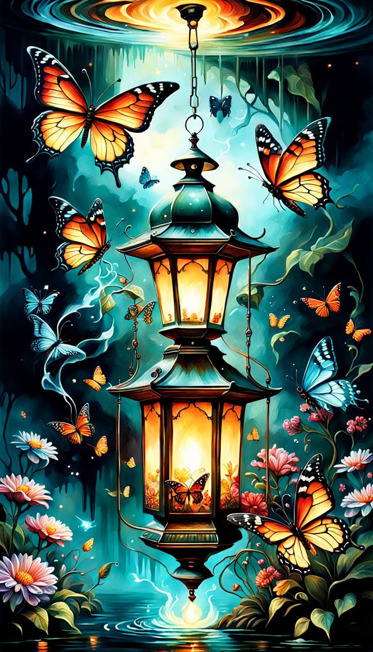 lantern with magic lite  flowers butterflies smoke water detailed matte painting dynamic lighting hyperdetailed ...  by @Gubbennoah