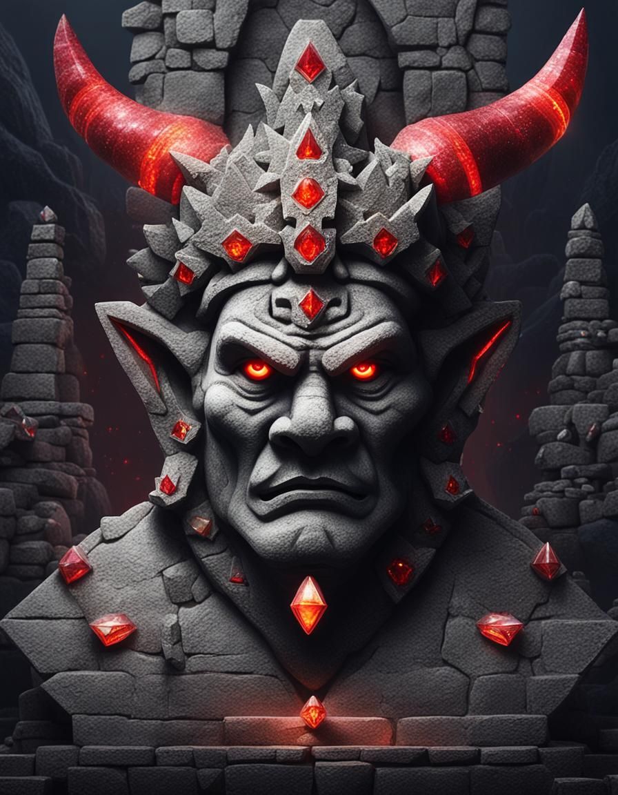 scenic picture of a ancient gambling god, grey stone face, p...
