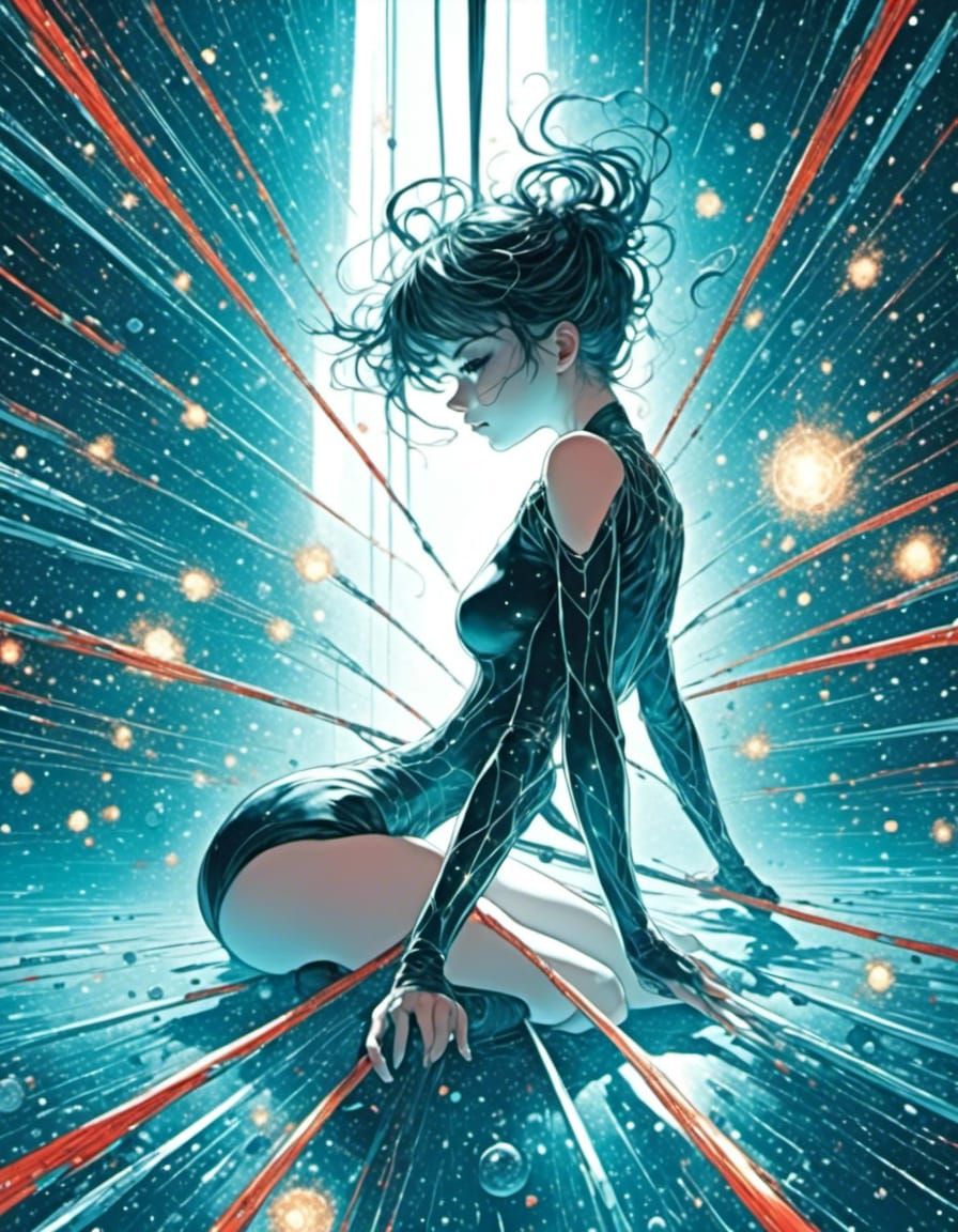 <lora:eye:1.0> Manga, girl in leotard on floor wires around,...