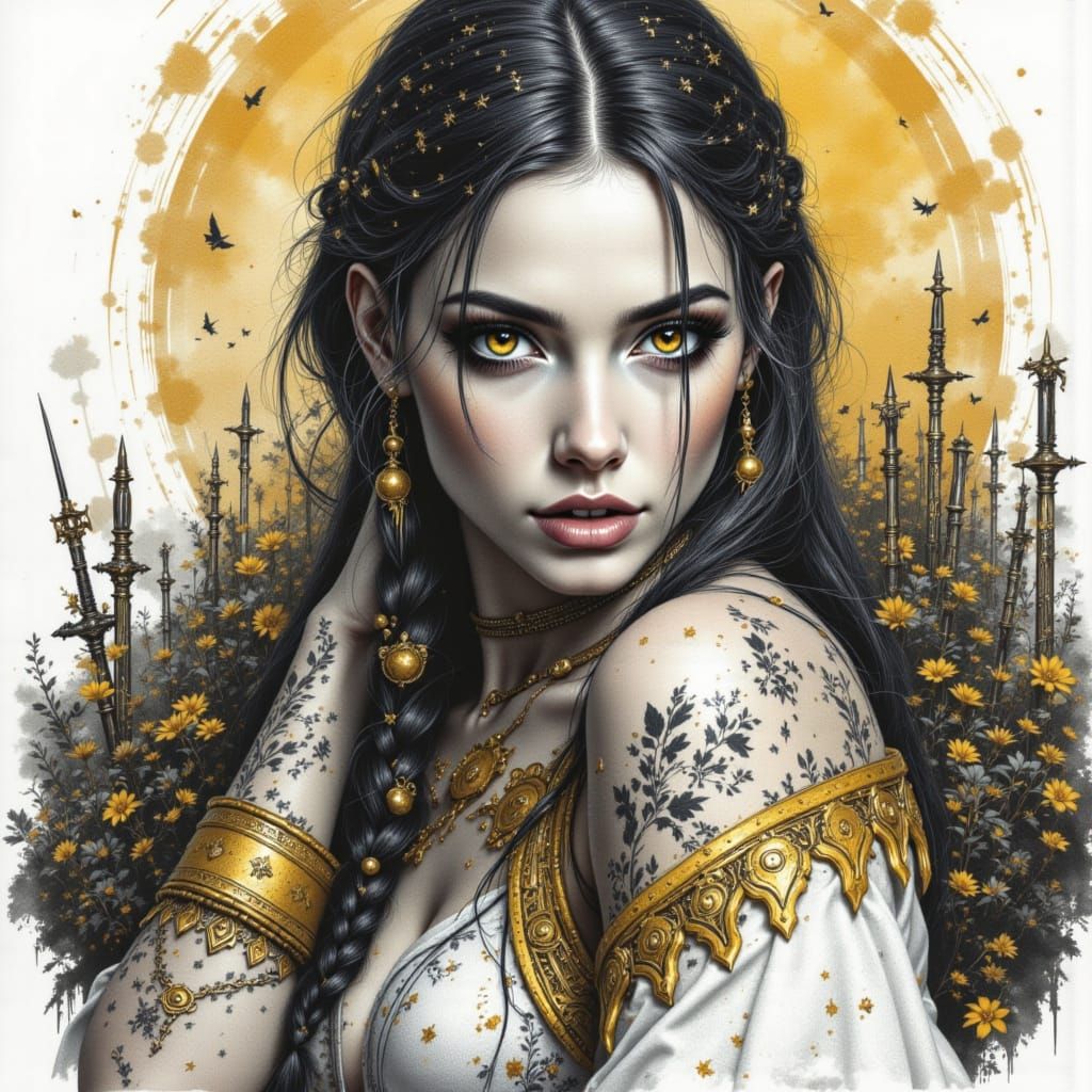 Norse Woman Portrait in White and Gold Ink Style