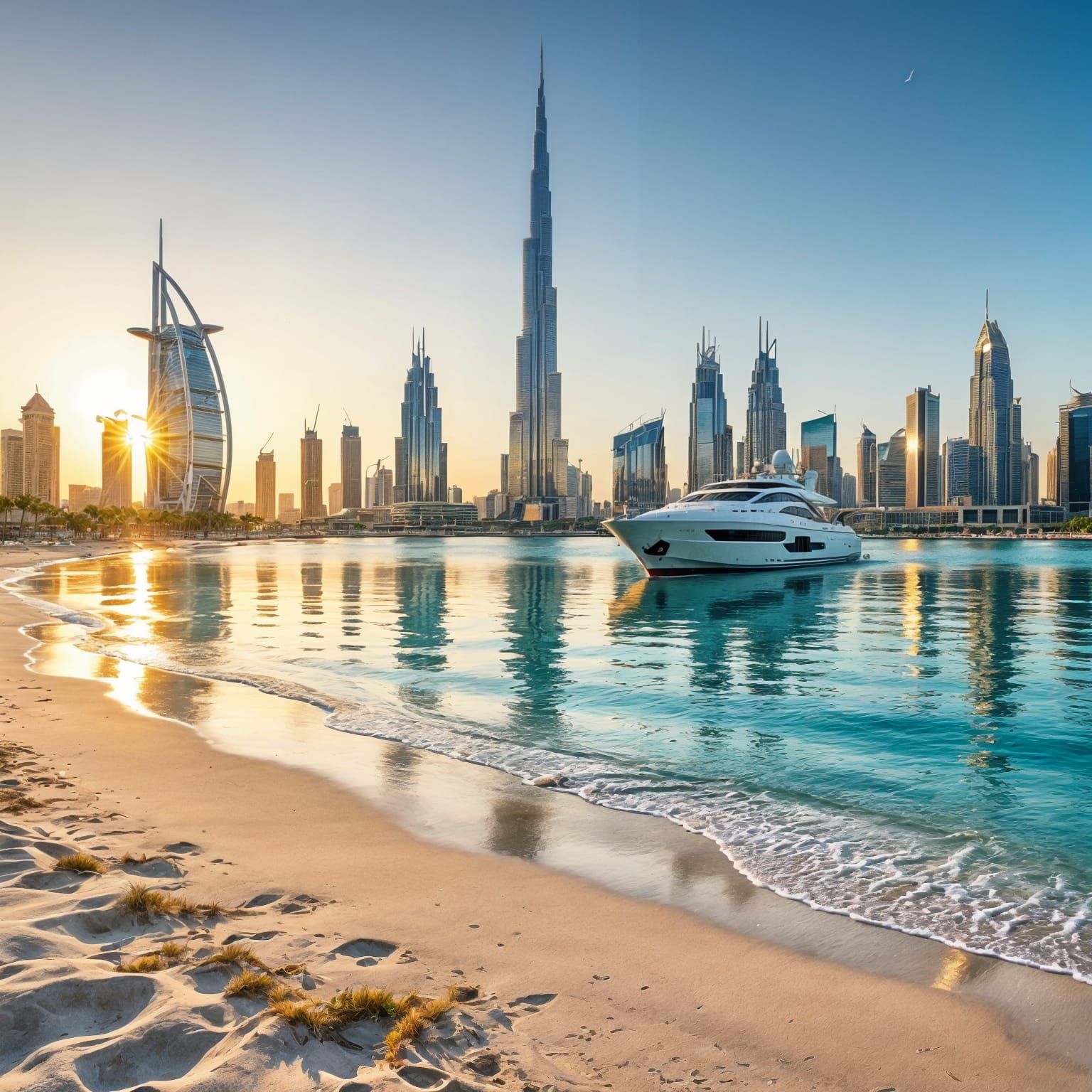 A breathtaking, hyper-realistic photograph of a pristine, sun-drenched sandy beach with wet, reflective sand in the foreground. In the brill...