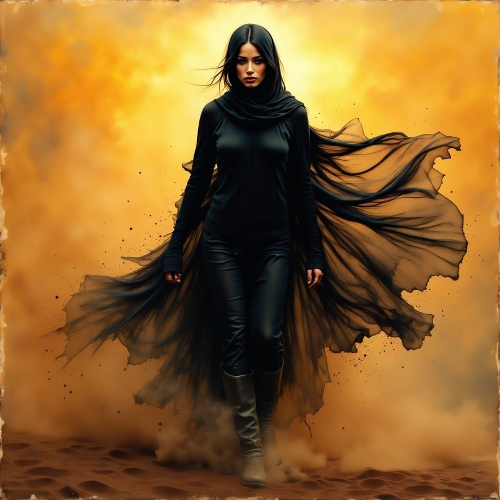 Gorgeous Bedouin young woman, dressed in black, flowing Bedouin robes, gliding through the desert, golden hour, sand storm illuminated by ri...