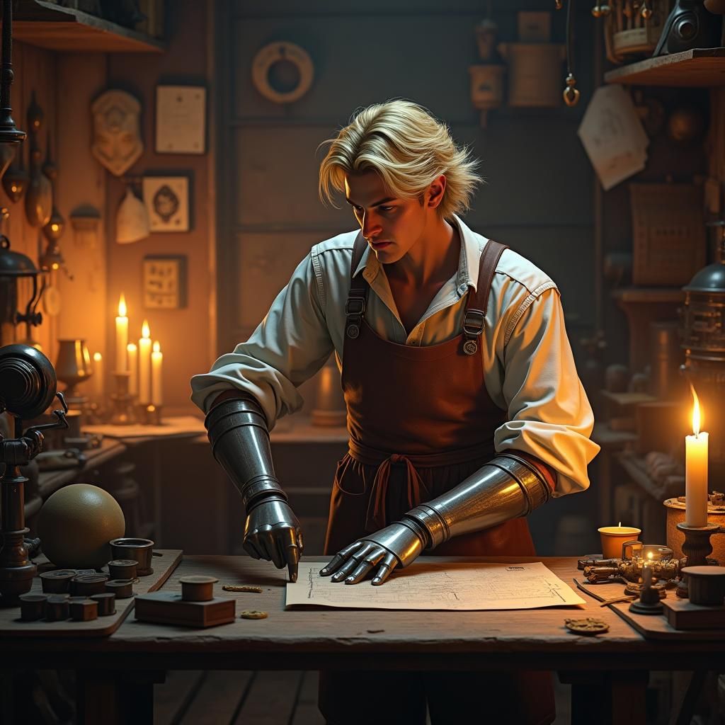 male short-haired blond half-elf artificer working on an armor at workbench in candlelit workshop