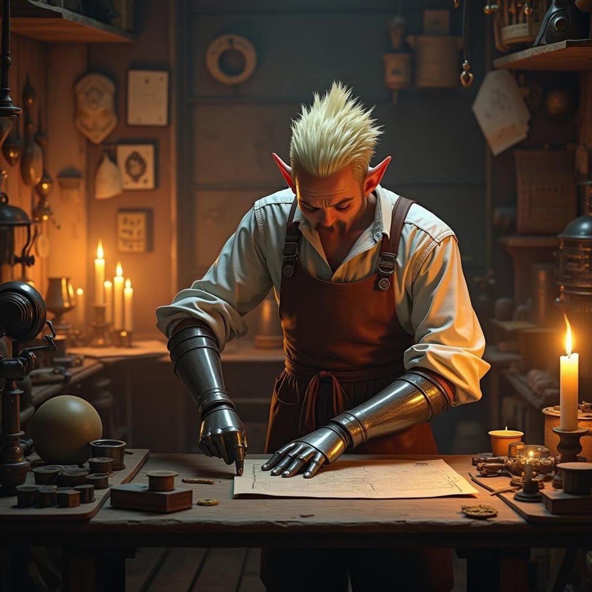 male shorthaired blond halfelf artificer working on an armor at