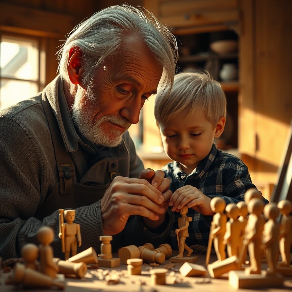 An old man teaches his grandson to make wooden soldier figurines  by @Amora