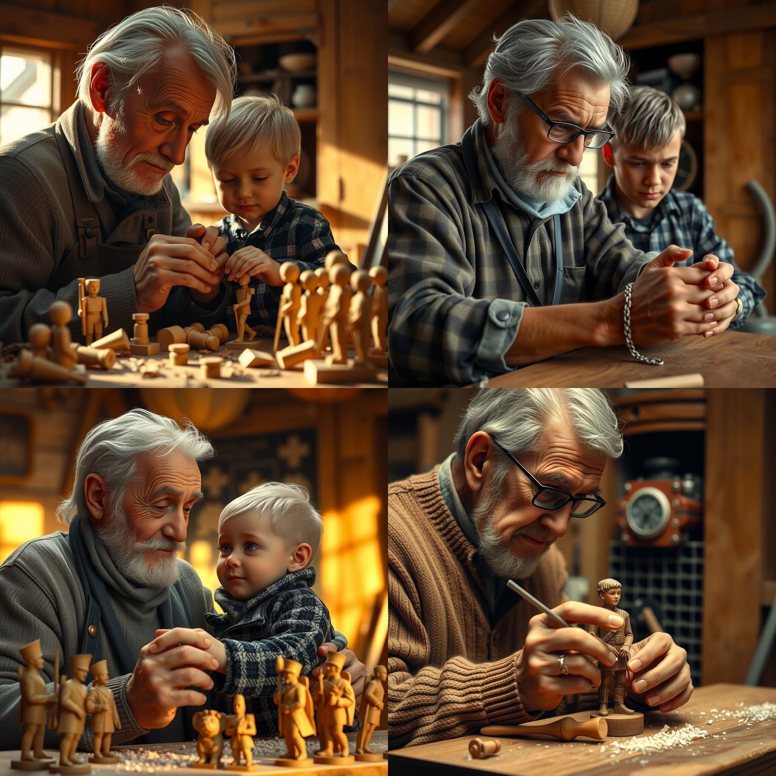 An old man teaches his grandson to make wooden soldier figurines