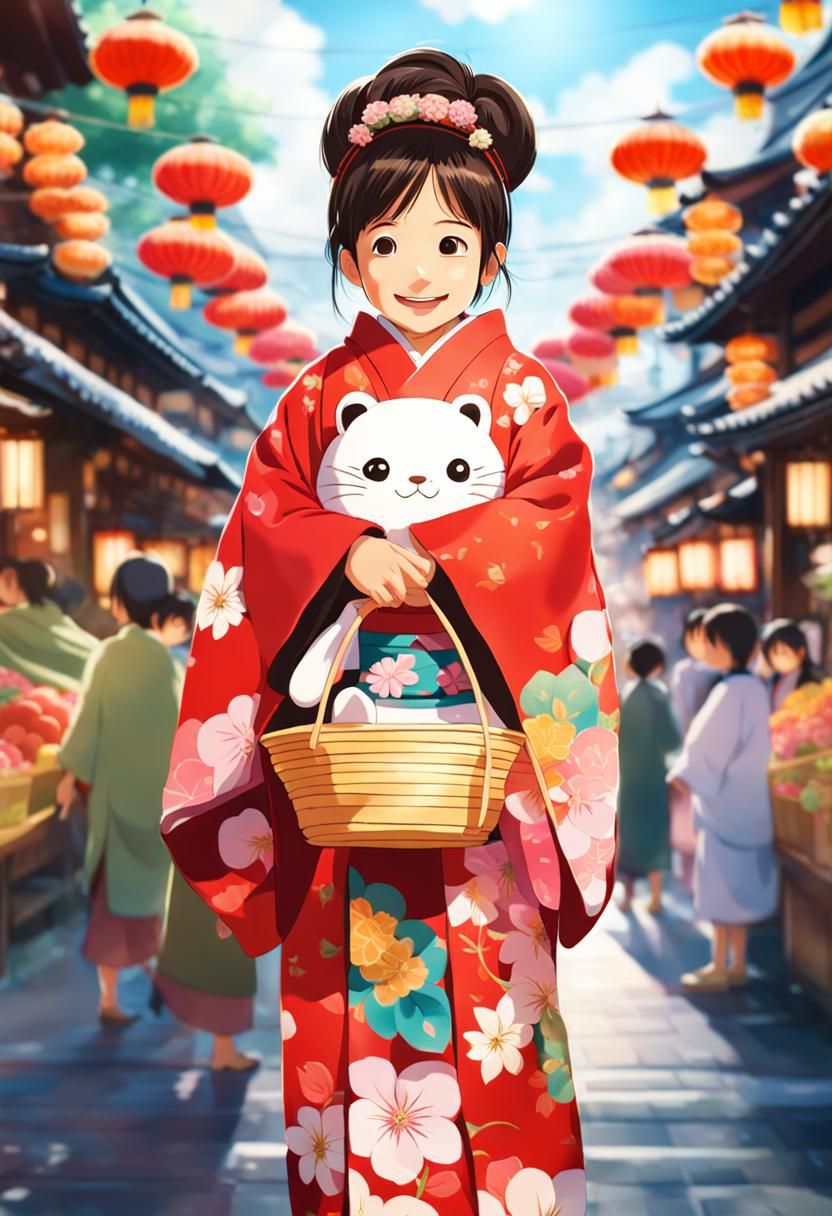 Adorable Girl in Kimono in Japanese Market, Anime Style
