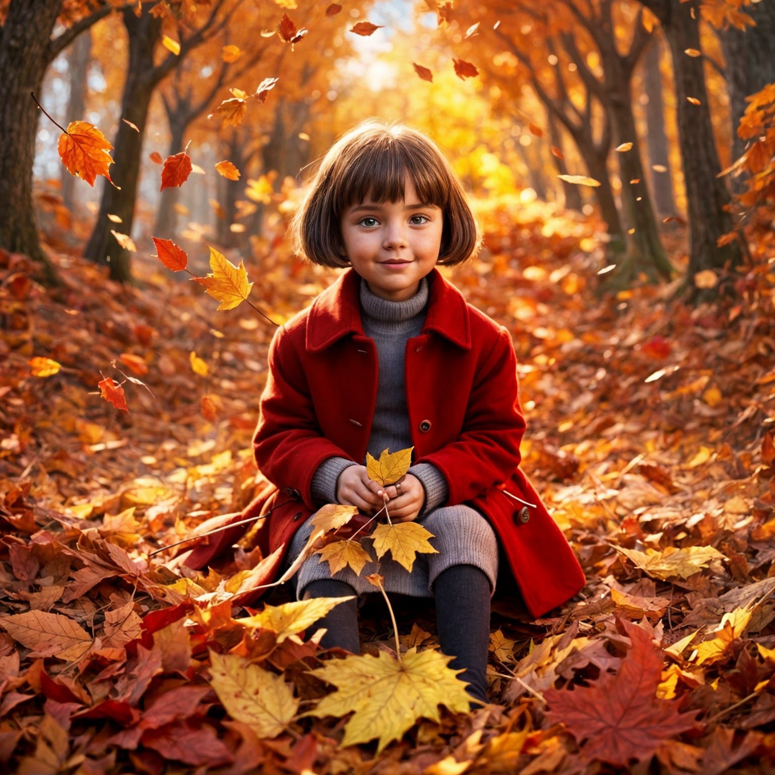 A young little girl in a red wool coat plays in Autumn leave...