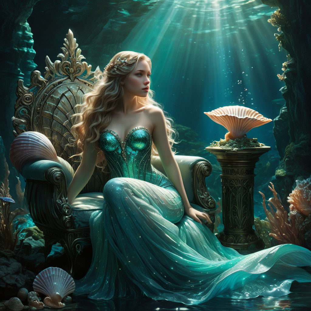 Enchanting Mermaid Seated on Throne in Shimmering Ocean