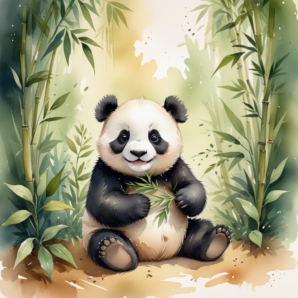 Happy Panda After Meal in Watercolor Style