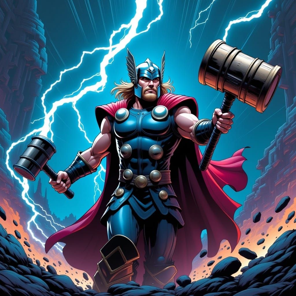 <lora:Comic XL Flux:1.0> Thor throwing his magic hammer mjolnir with lightning trailing behind it