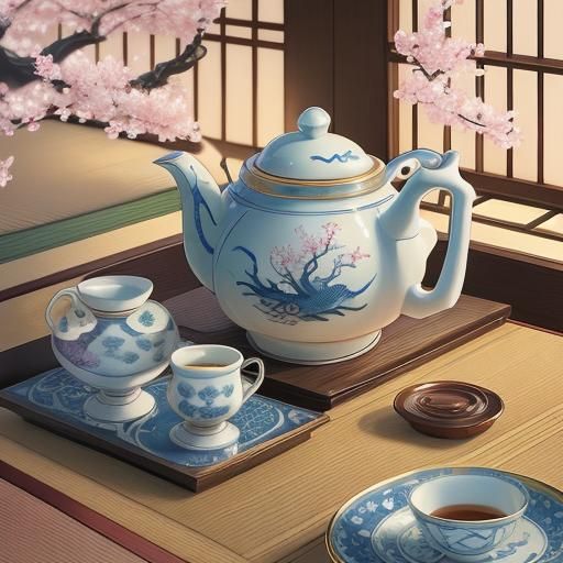 A delicate porcelain teacup and teapot adorned with intricat...