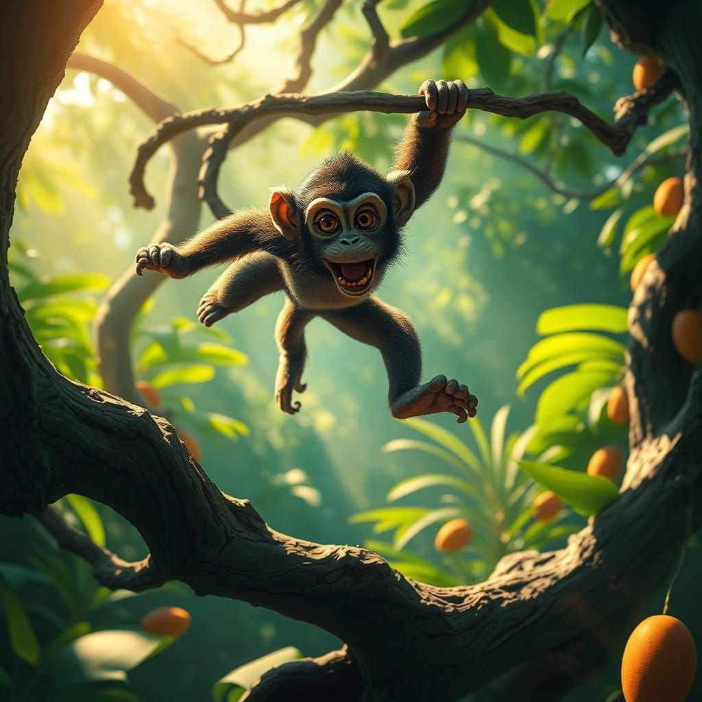 Energetic Monkey in Lush Jungle, Fantasy Concept Art