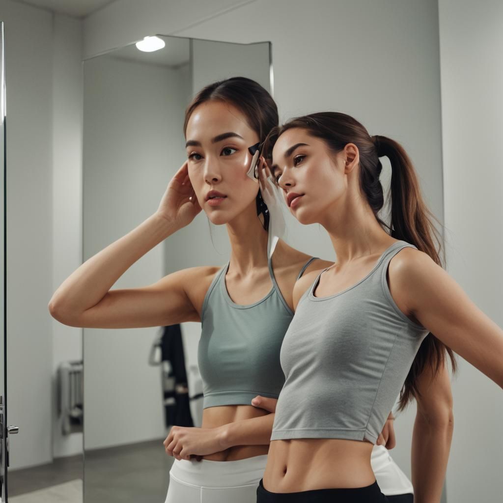 Fit beautiful girl face looking into mirror hips to head wit...