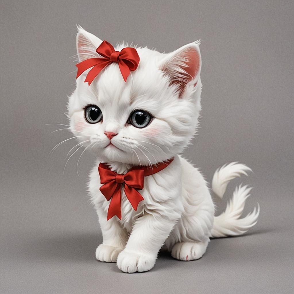  cute white kitty with a red bow on the head manga