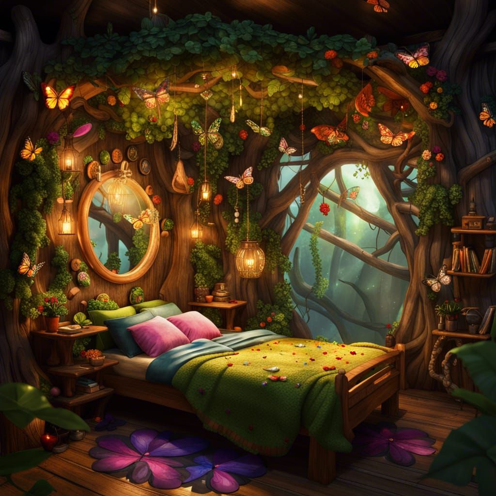 Fairy elf bedroom in a treehouse, with leaves, flowers, butterflies, big bed with comfy pillows, mirror ... false