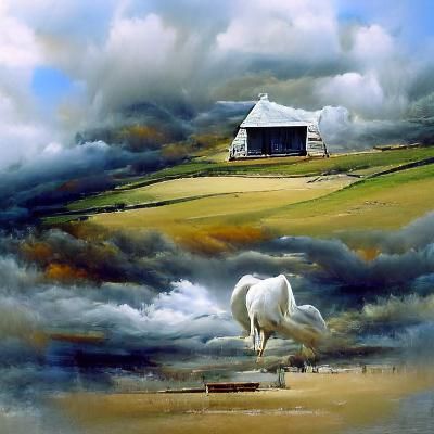 white horse - farm - cloudy sky - white hut - happy