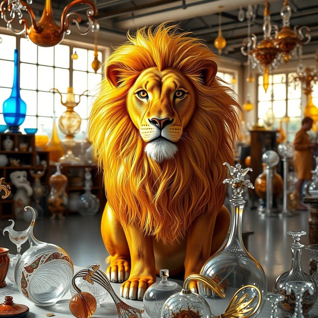 Regal Lion Amidst Glass Artistry in Warm, Golden Light