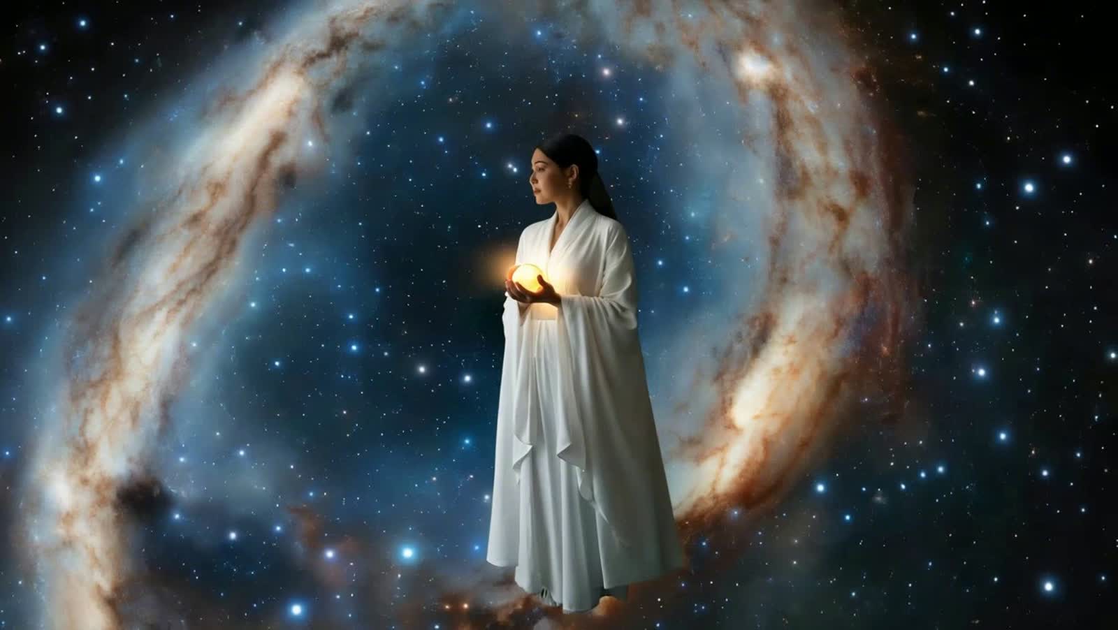 A solitary woman adrift in a vast, cosmic ocean, surrounded by swirling nebulae and distant galaxies. She holds a single...