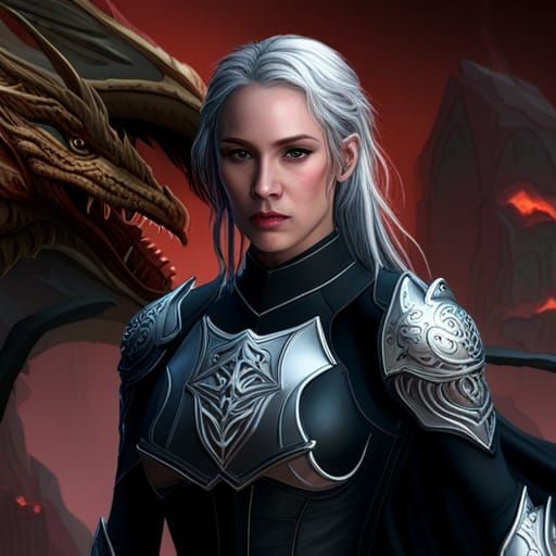 young woman with silver blonde hair wearing black armour wit...