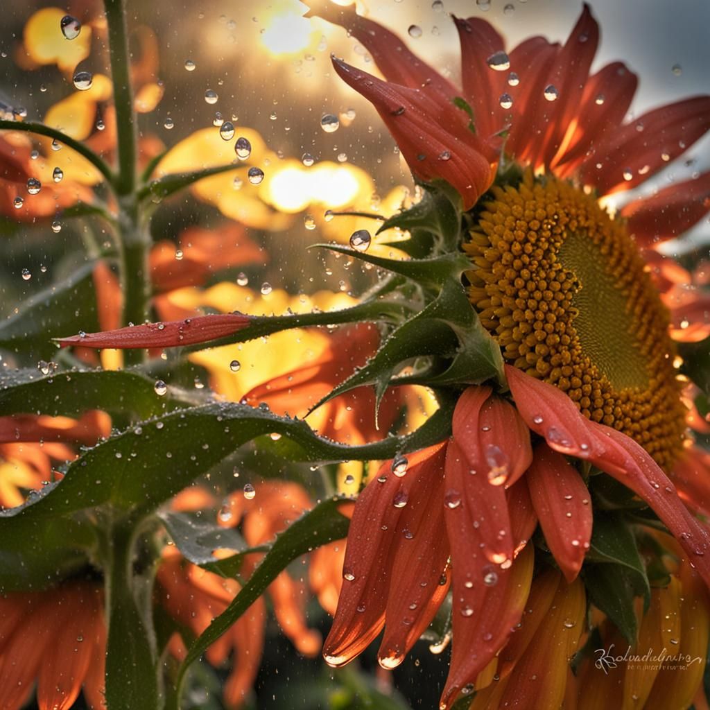 raindrops on sunflowers