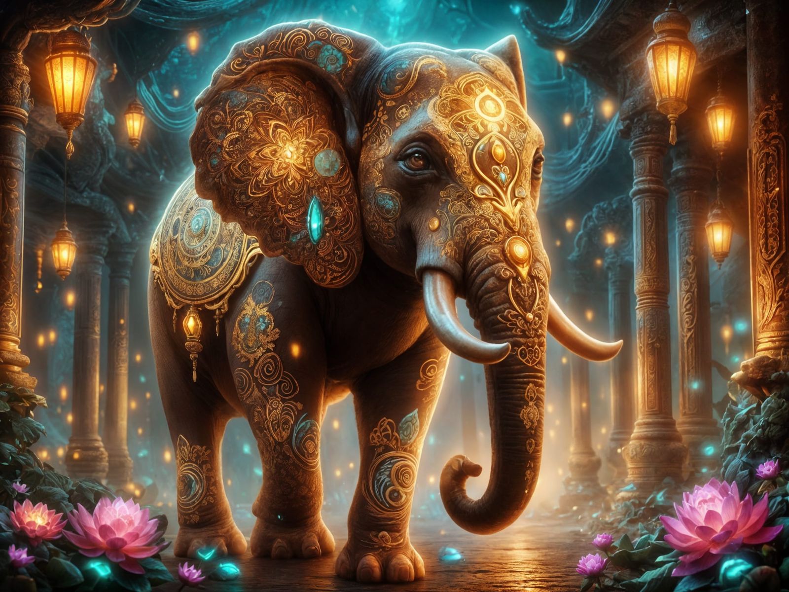 <lora:FiosAnimalGlowInk:1.0> Fantasy Asian elephant with glowing lotus and mandala patterns