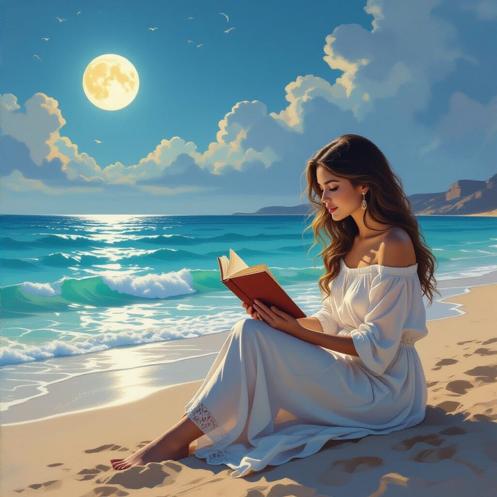 Surreal Fantasy: Woman Reading on Floating Book