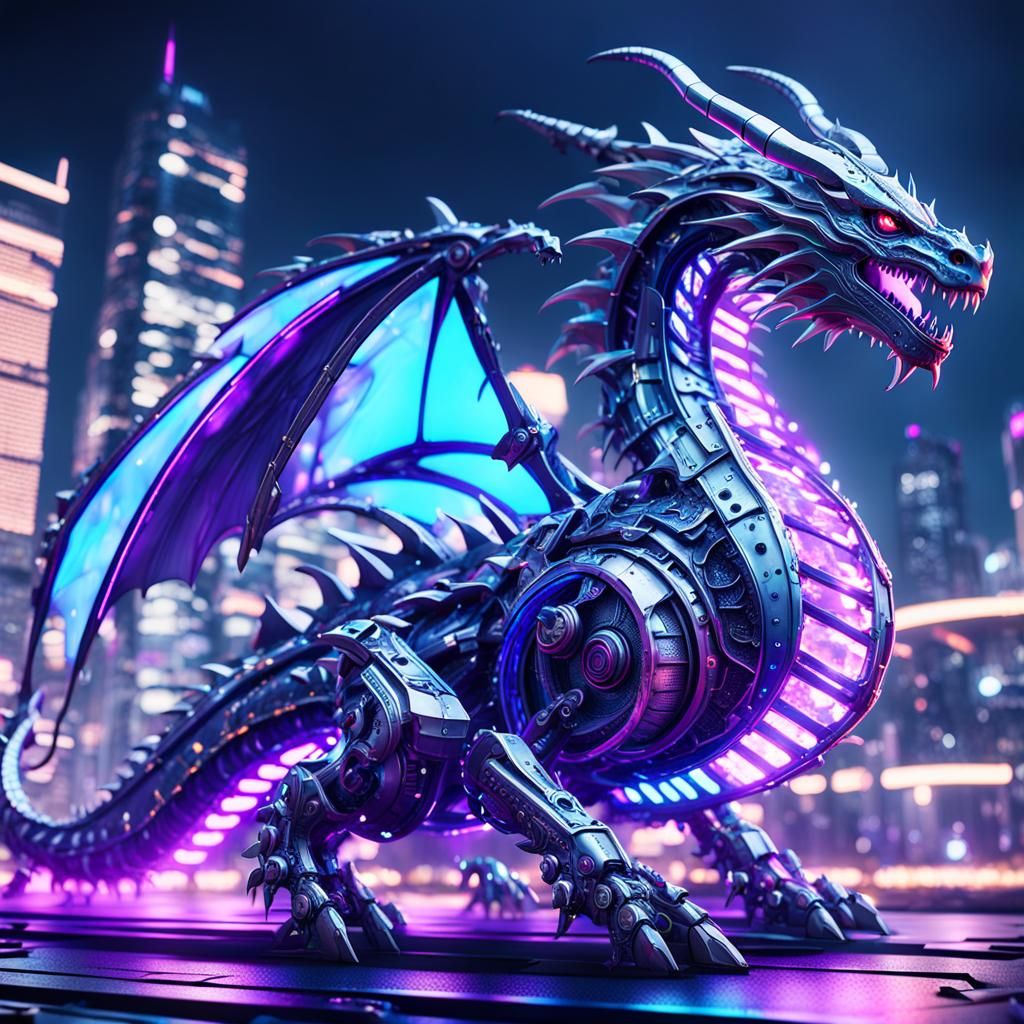 a metalic dragon painted in blue and purpishly neon colour s...
