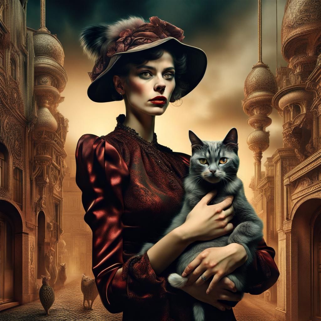 Woman with cat, looking a little uncomfortable