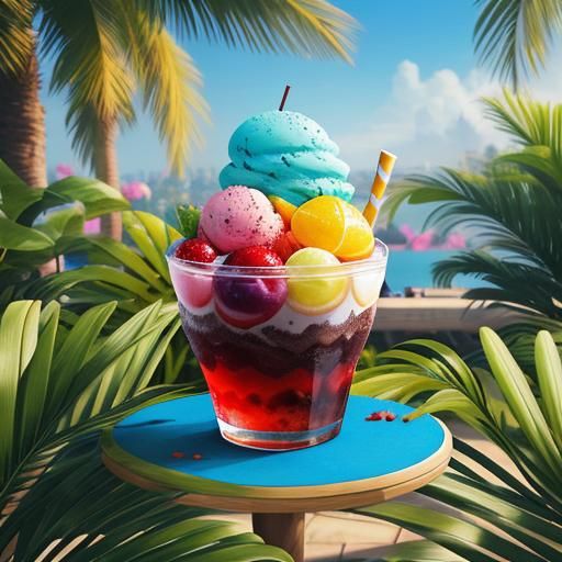 Zoom magnificent big Ice cream with fruits in table in garde...