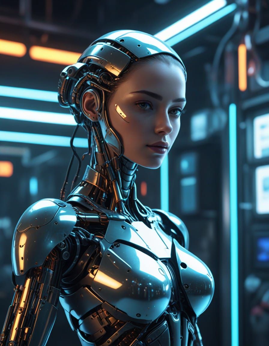 Cybernetic Goddess Emerges in Futuristic Research Center