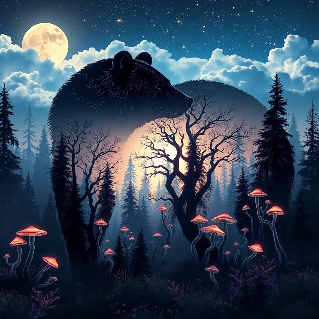 Majestic Bear Silhouette in a Fantastical Forest Landscape