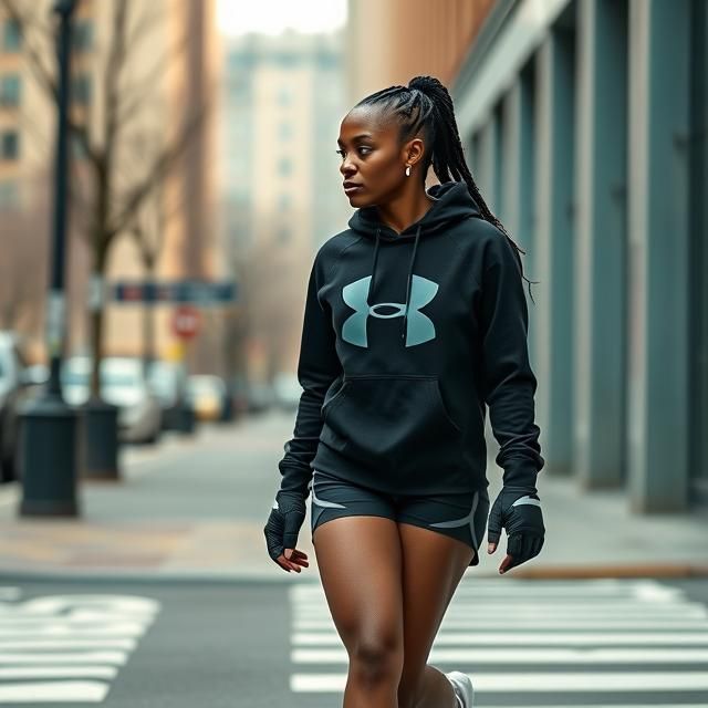 Black female MMA fighter with braided hair dressed in a black Under Armour hoodie and black Under Armour shorts walking ...