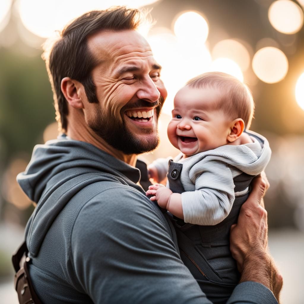 A father holds a baby boy with a huge smile on his face. It'...