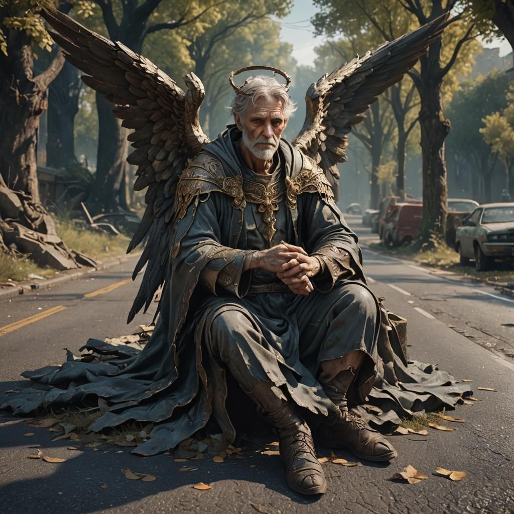 Decrepit Angel on Roadside: Detailed Matte Painting