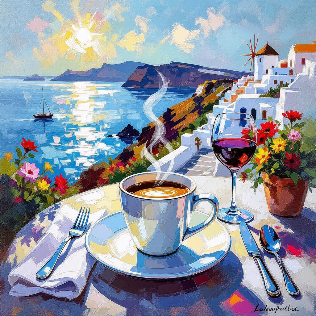 A scene of a table with coffee in Santorini.

A wonderful world where there is no sadness or despair. Paintings by Laurent Parcelier.
You wo...