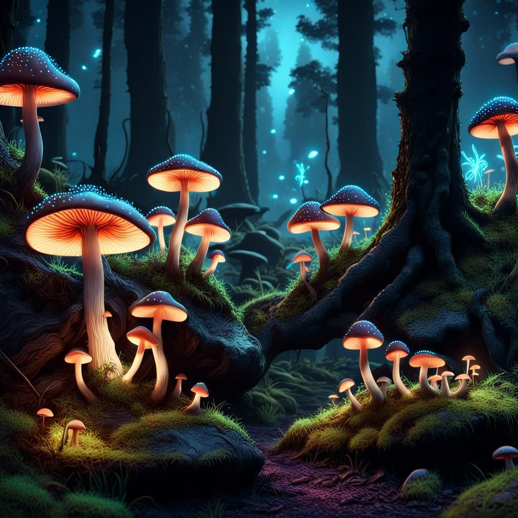 Neon mushroom forest at night! - AI Generated Artwork - NightCafe Creator