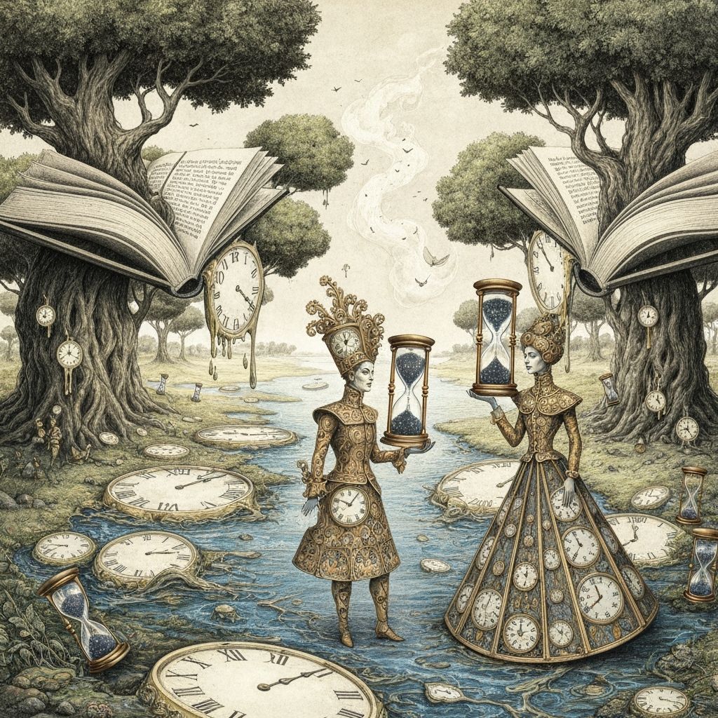 A surreal landscape where clocks melt into rivers and trees grow from open books, representing the 'Festival ...  by @Aspen