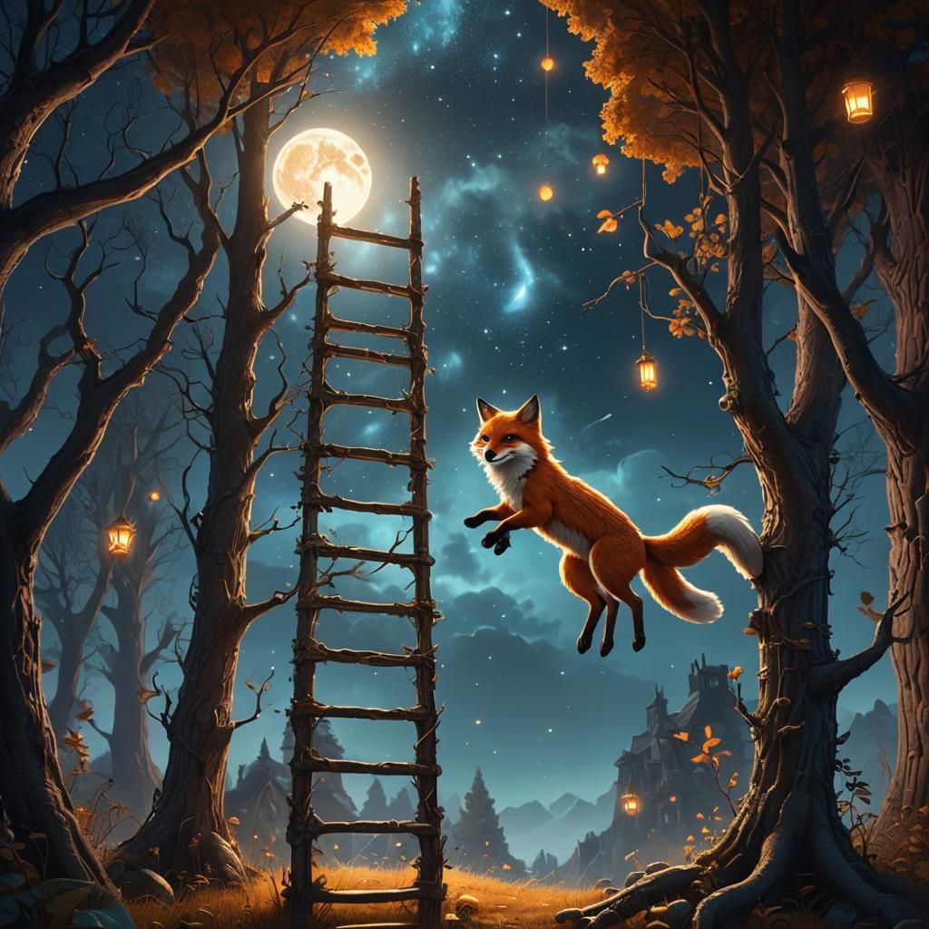 A glowing ladder made of moonbeams stretching up into the sk...